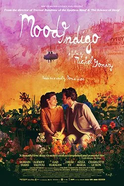The movie poster for "Moon Indigo" featuring a colorful sky backdrop, a couple sitting on the grass and talking, with a horse silhouette in the distance, and floral elements at the bottom.