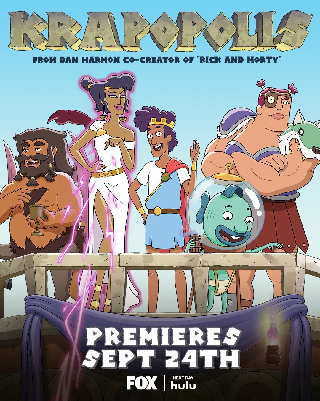 Animated characters dressed as ancient Greek gods and mythological figures standing on a ship's deck with a banner reading 'PREMIERE SEPT 24TH' and logos for FOX and Hulu.