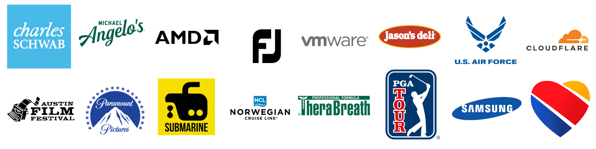 Stuck On On clients Charles Schwab, AMD, FJ, Jason's Deli, Cloudflare, Austin Film Festival, Submarine, NCL, Professional Formula, PGA Tour, Samsung, and Pepsi.