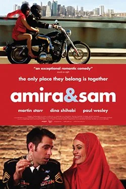Poster for the movie 'Amira & Sam' featuring a couple, a man and a woman, with a city skyline in the background, and a smaller image of a man and woman in a romantic pose at the bottom.