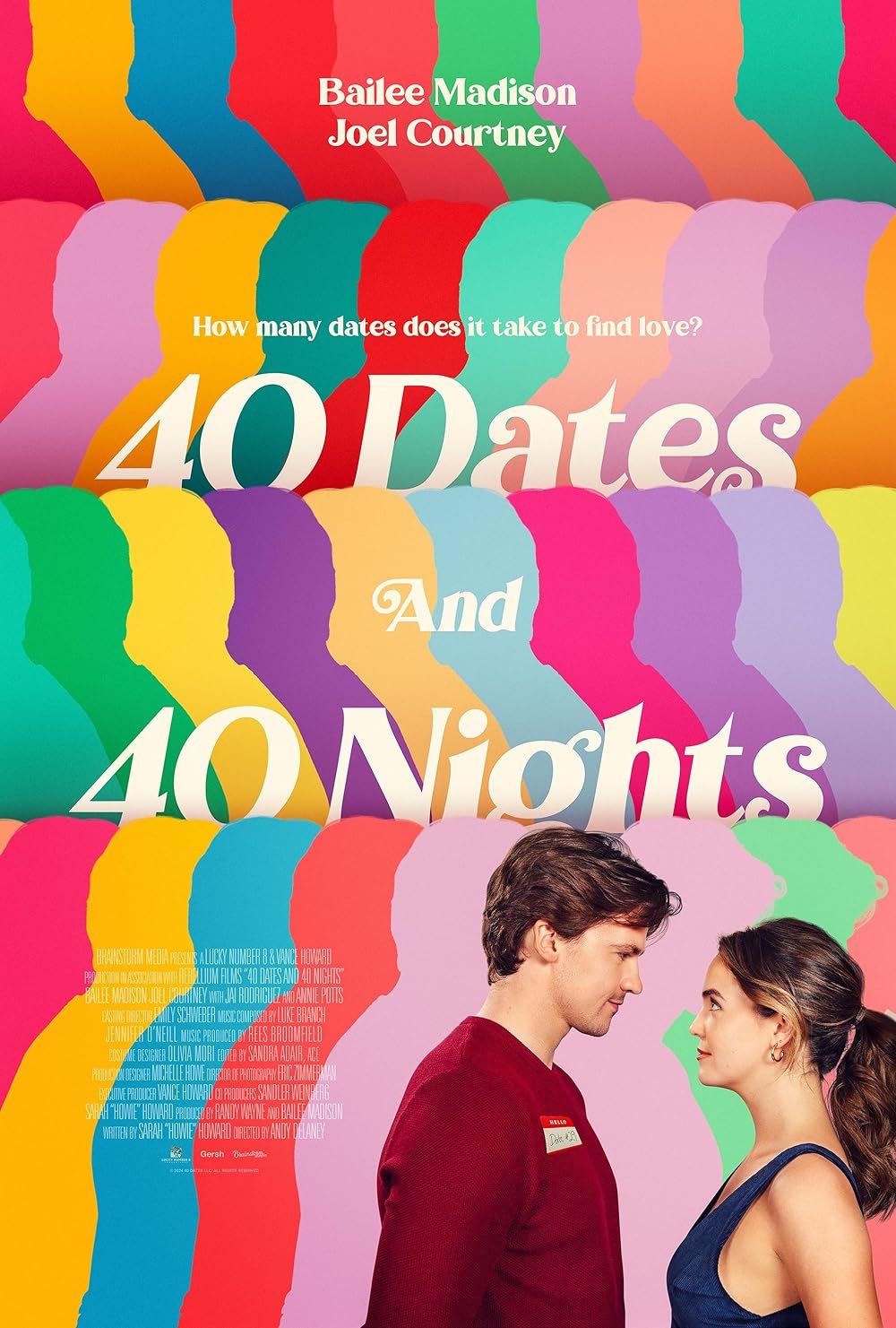 Colorful background with silhouettes of people and the title '40 Dates and 40 Nights'. Features two people, a man and a woman, facing each other, with the woman's hair pulled back and both wearing casual attire.