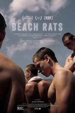 Beach Rats movie poster showing shirtless young men at the beach under cloudy sky.