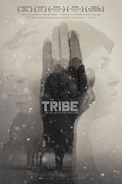 Poster with a hand raised in front of a woman's face, the word 'TRIBE' over the hand, and multiple film award laurels at the top.
