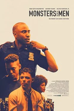 Poster for the movie "Monsters and Men" featuring one police officer and three young boys.