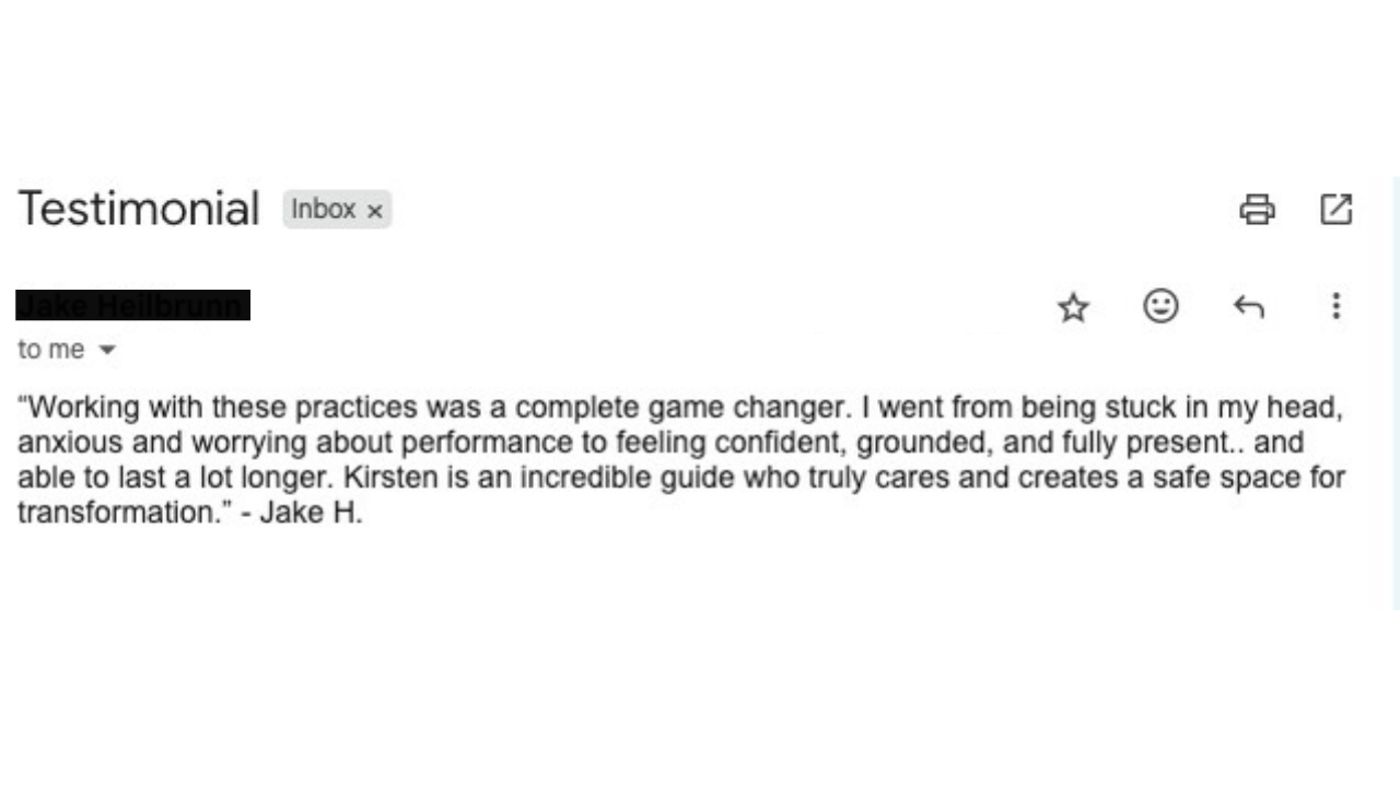 Screenshot of an email testimonial praising Kirsten and her beneficial practices for confidence and transformation.