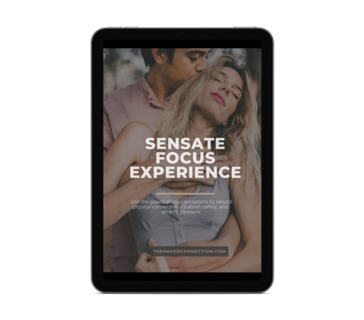 A tablet screen displaying a photo of a man and woman in an intimate pose, with the words 'Sensate Focus Experience' and a website URL at the bottom.