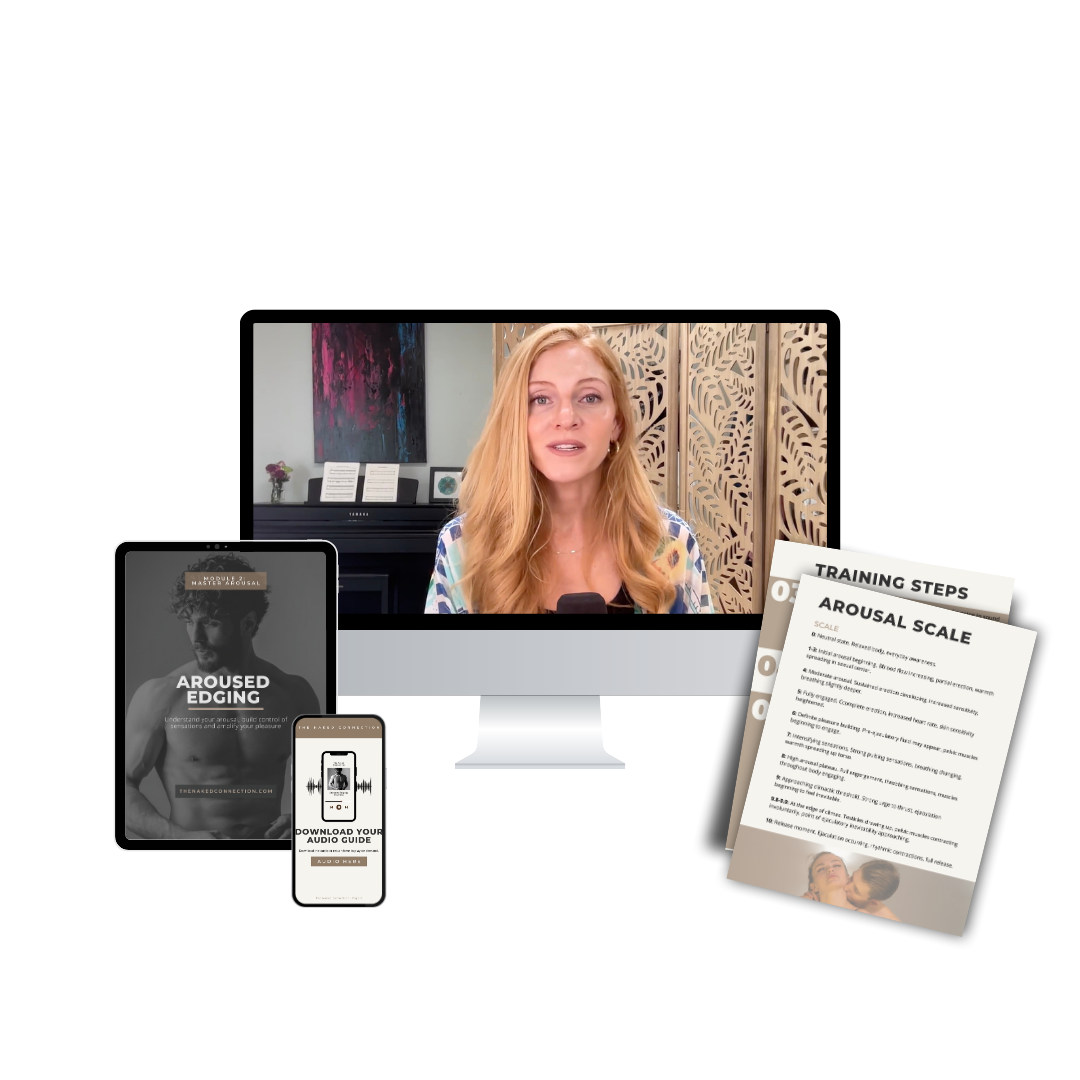 Online training course on aroused edging, with a woman presenting on a computer screen, training guides, and a phone displaying an audio guide.
