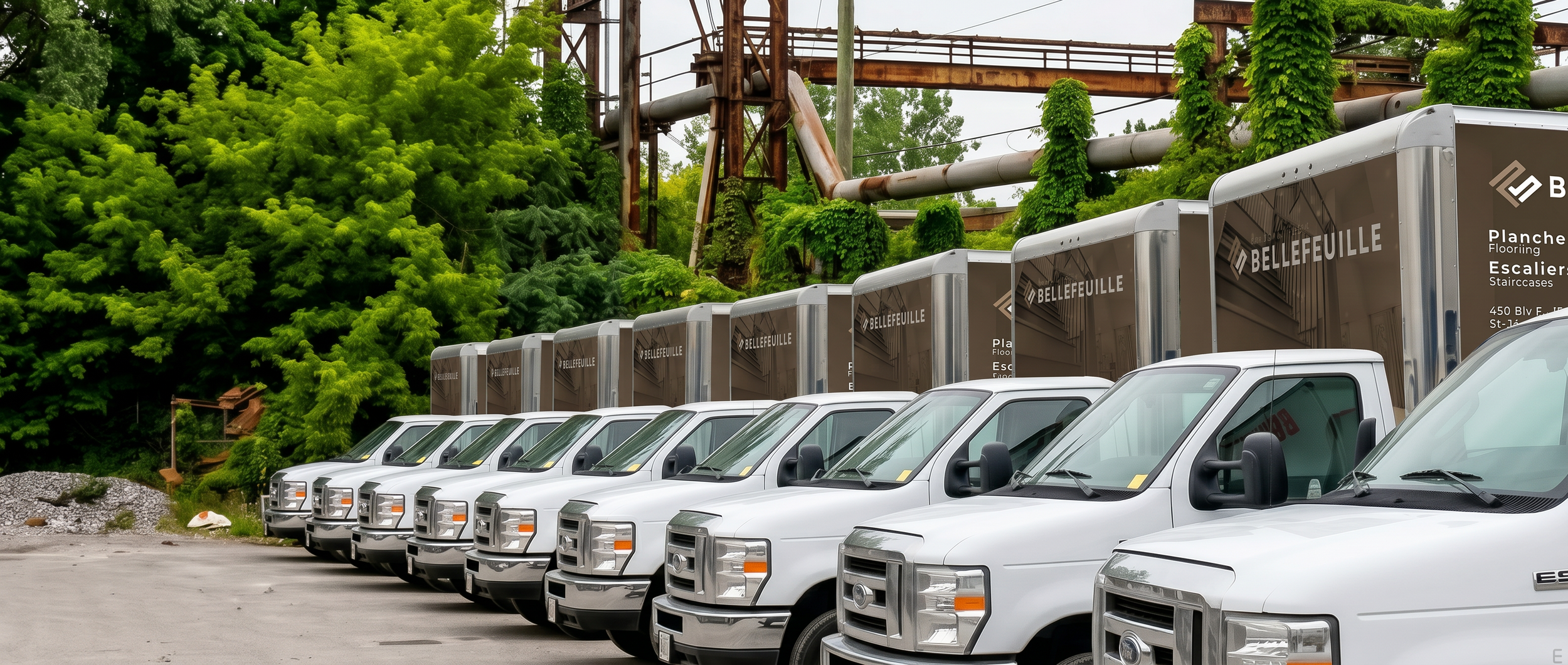 Une rangée de camions blancs avec des remorques de stockage, stationnés à côté d'une végétation dense et d'une structure métallique rouillée dans un environnement industriel.