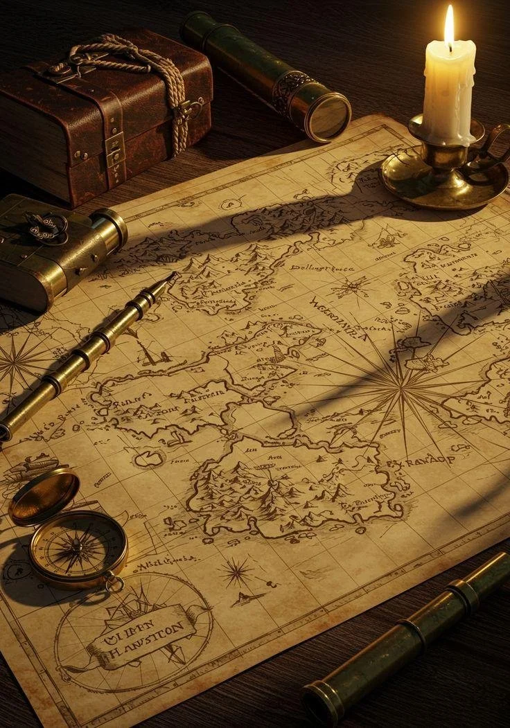 An antique map and navigation instruments, a visual invitation to chart a new course.