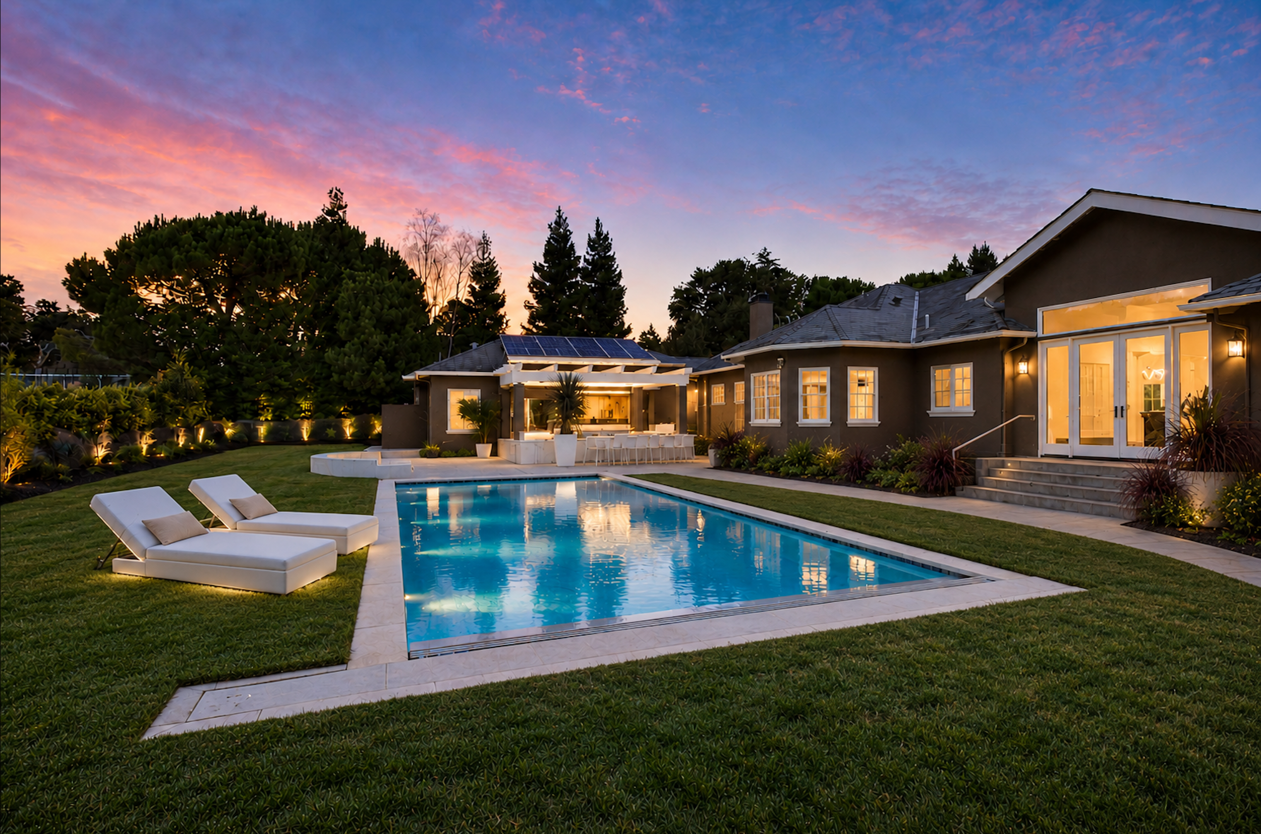 Los Altos Hills backyard with illuminated pool and renovated home at sunset