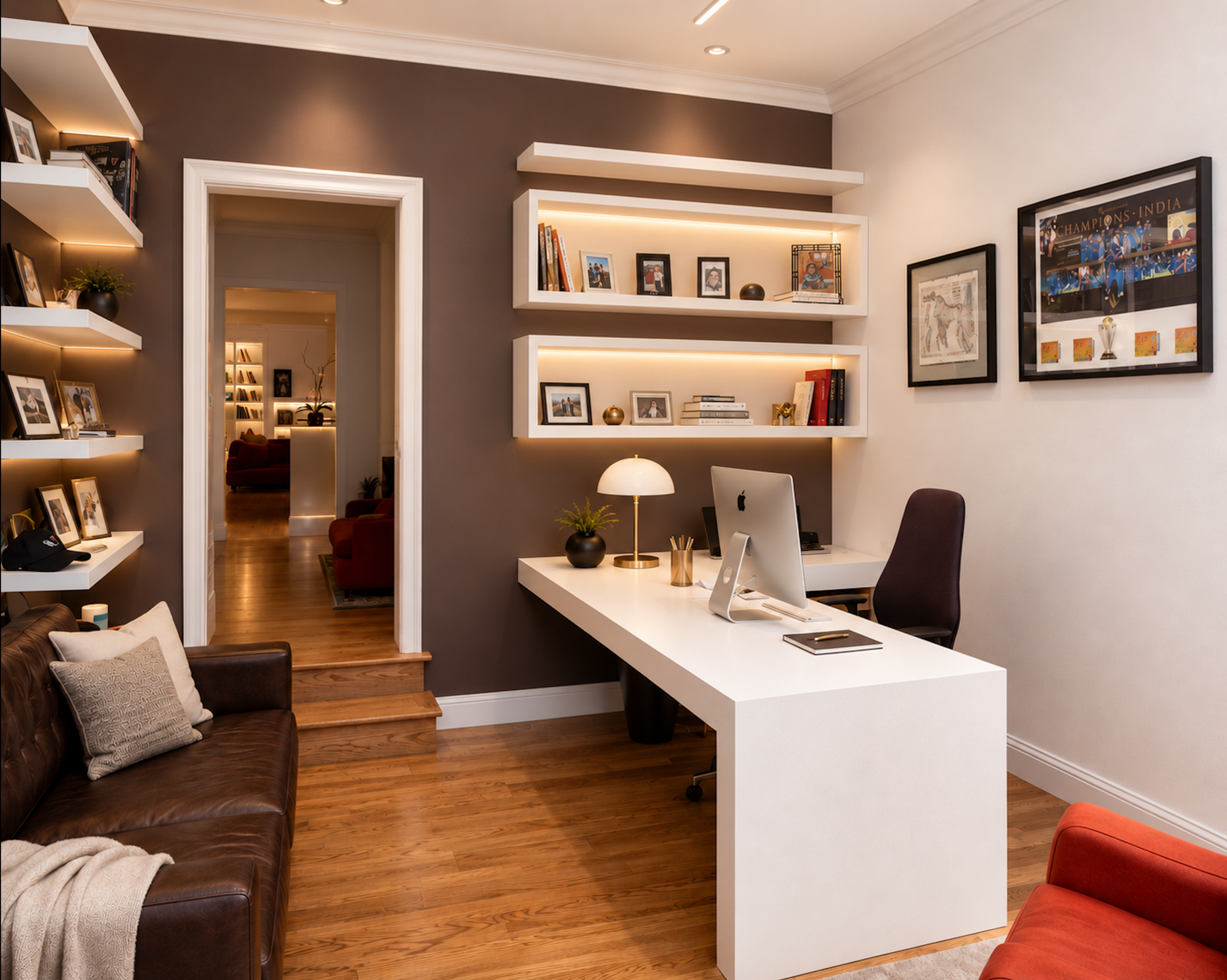Home office with custom shelving, white desk, and warm wood flooring