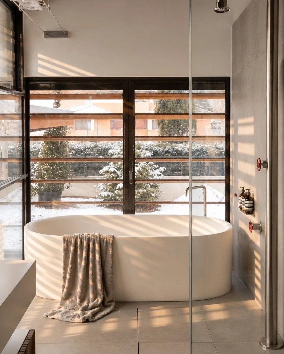 I love designing bathrooms that feel like a place to slow down. In this one, the warm wood ceiling, soft winter light, and views of the snow make the freestanding tub feel even more inviting. I wouldn&rsquo;t mind starting every morning here.

#Bathr