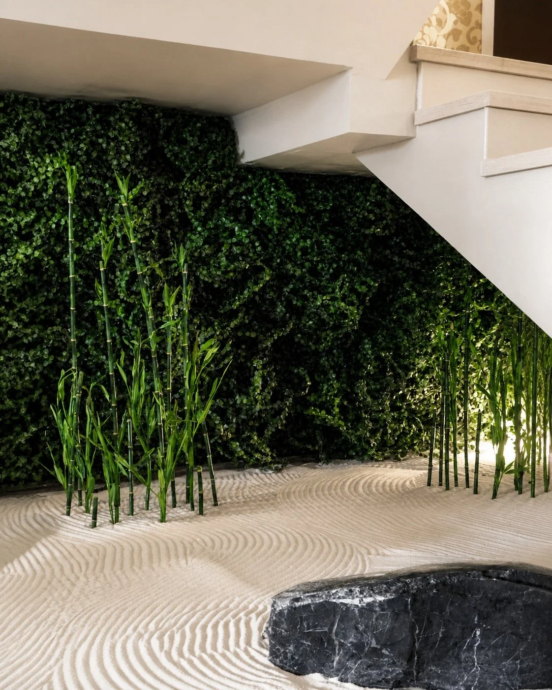 What began as an overlooked space beneath a staircase became one of the most memorable moments in the home.

With very little natural light, a living garden wasn&rsquo;t practical, so I used layers of faux greenery to create depth, texture, and a dra
