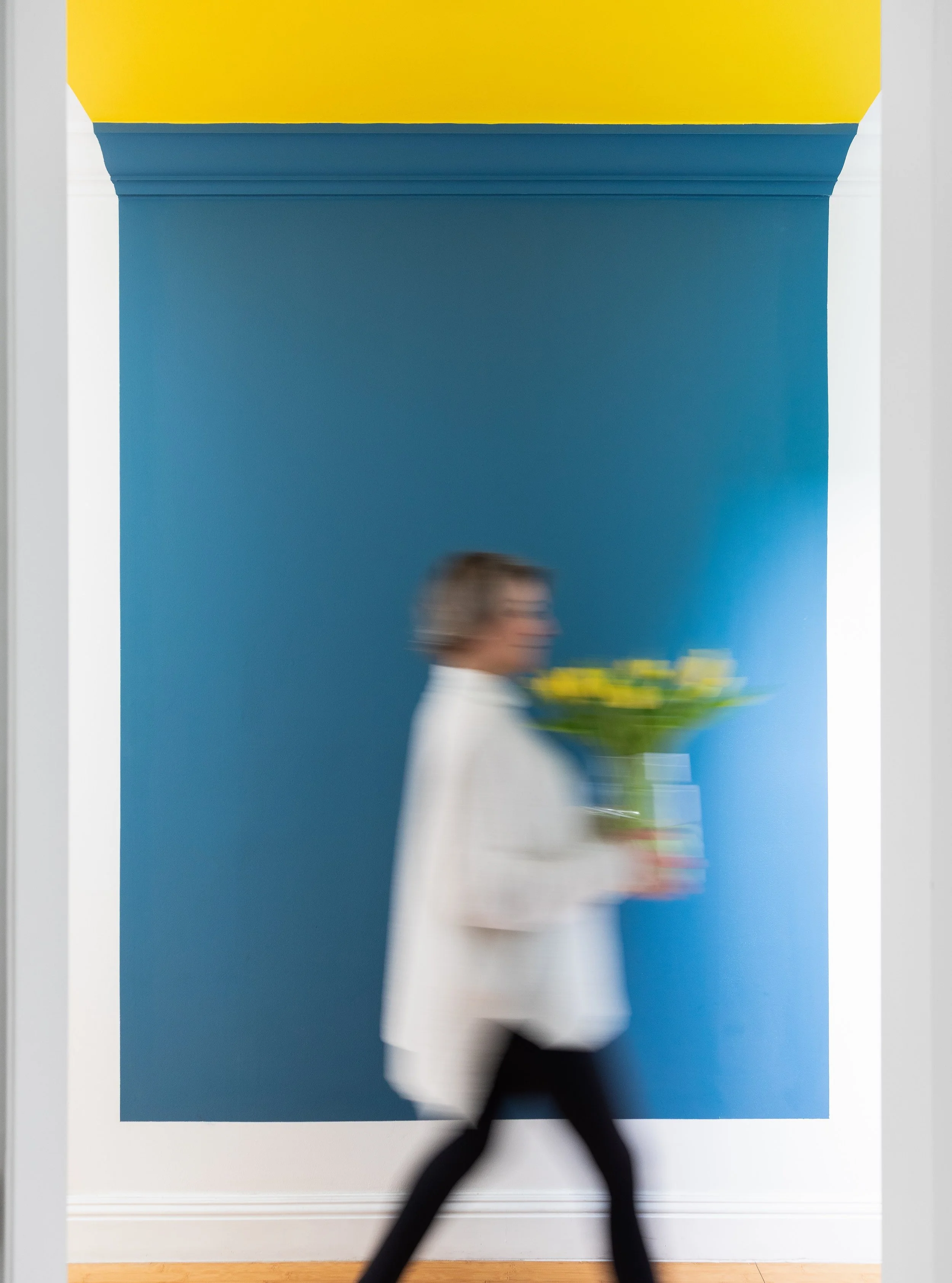 A hallway is only as boring as you let it be. 💛 Blue on the wall, sunshine on the ceiling, and the talented Eva Tretyakov passing by with flowers.

Photography: @Scott.Donschikwski.photo

#IsolinaMallonInteriors #ColorfulInteriors #HallwayDesign #In
