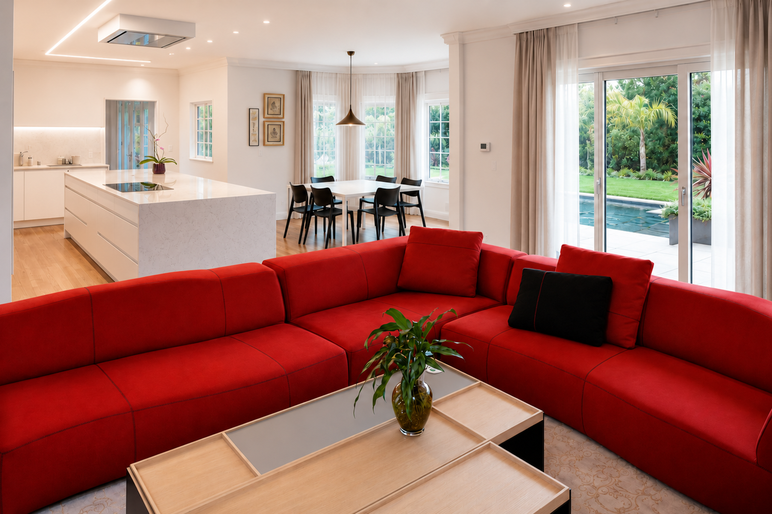 Family room with red sectional, white kitchen, and garden views in a Los Altos Hills home