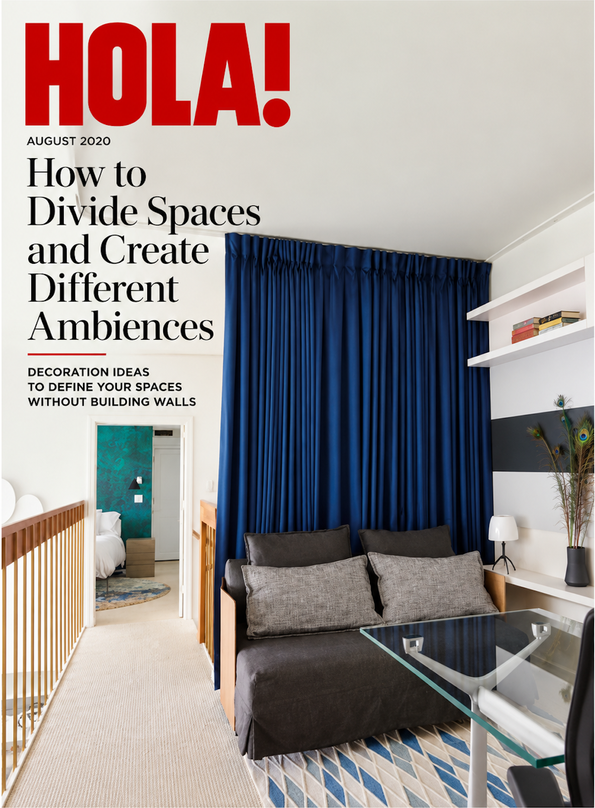 Editorial graphic for ¡HOLA! Decoración’s article on dividing spaces without walls, showing a gray sofa, blue curtains, and glass desk.