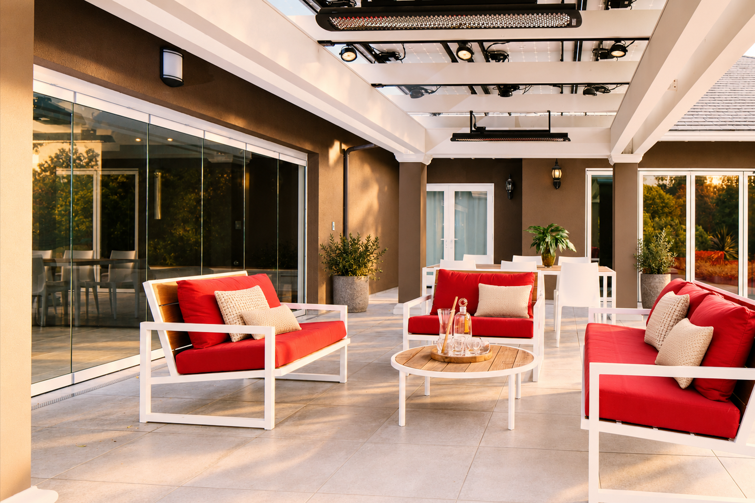Covered pool terrace with red and white lounge furniture and outdoor dining area