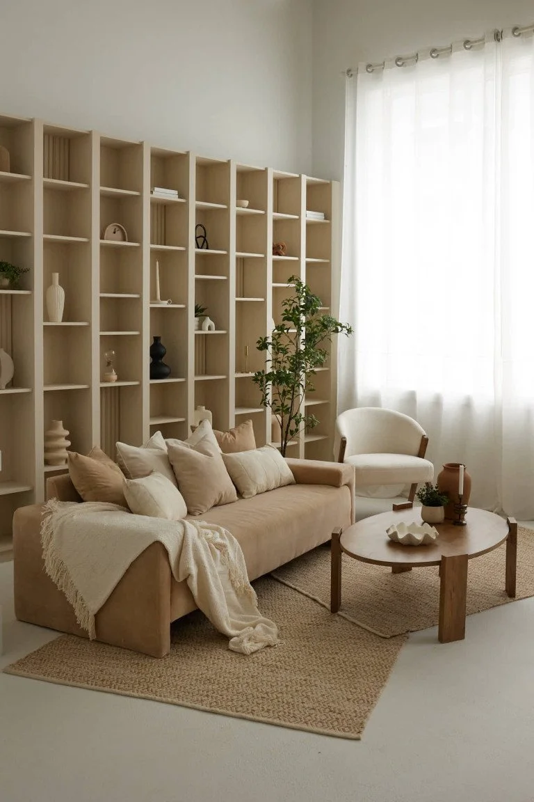 Living room with beige sofa, cream throw blanket, multiple beige and cream cushions, wooden coffee table with decorative items, white armchair, potted green plant, tall bookcase with decorative objects, sheer white curtains, natural light.