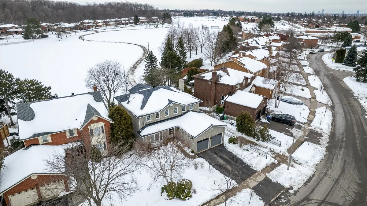 Aerial real estate photograph of a Toronto neighbourhood in winter