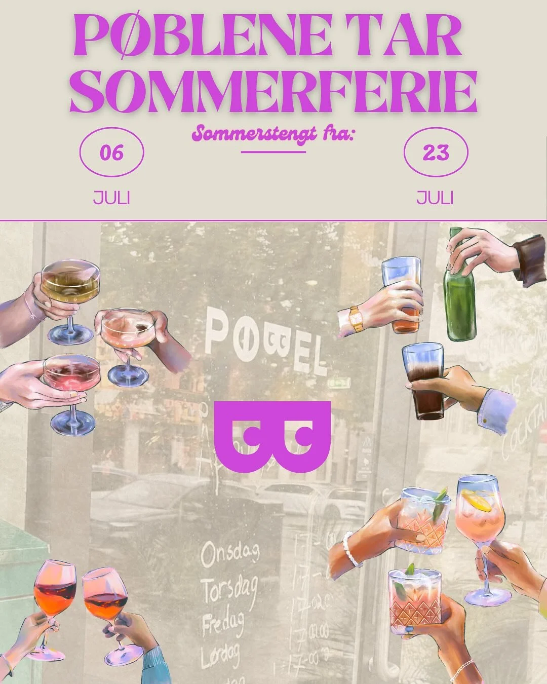 P&oslash;blene tar sommerferie. Vi holder stengt fra og med 06.07 og &aring;pner igjen for dere flotte folk 23.07🍸 
Vi h&aring;per &aring; se dere siste &aring;pne uke n&aring;!🥂 
Gjengen bak baren og foran i d&oslash;ren st&aring;r klare for &arin