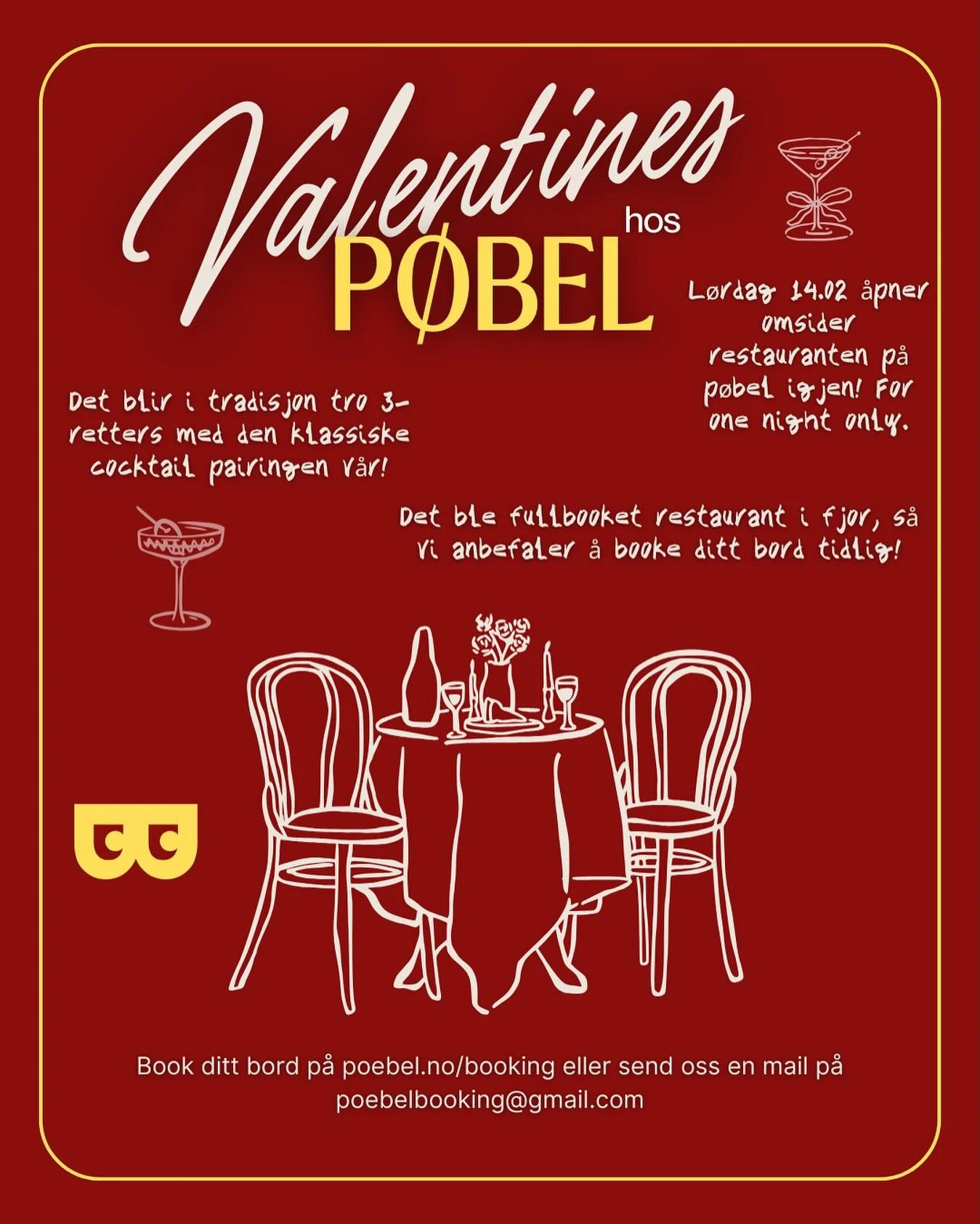 Restauranten p&aring; p&oslash;bel &aring;pner omsider igjen for &eacute;n kveld, selvf&oslash;lgelig valentines!❤️ 
3-retters med cocktailpairing, 14. februar, med &eacute;n seating mellom 19:00 og 19:30✨
Bli med og feire kj&aelig;rligheten og book 