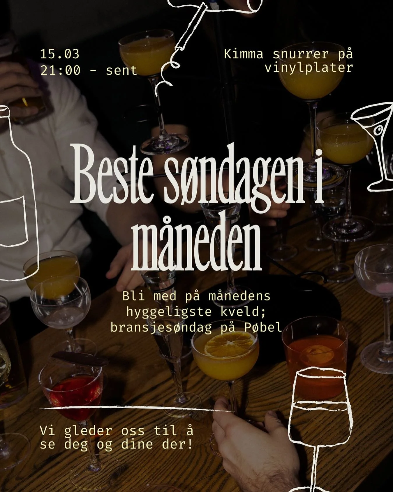 Endelig er vi tilbake med alles favoritt - bransjes&oslash;ndag!🍸🍾 
Ta med dine n&aelig;re, kjerne og fjerne og kom p&aring; m&aring;nedens beste s&oslash;ndag! 21- sent;)