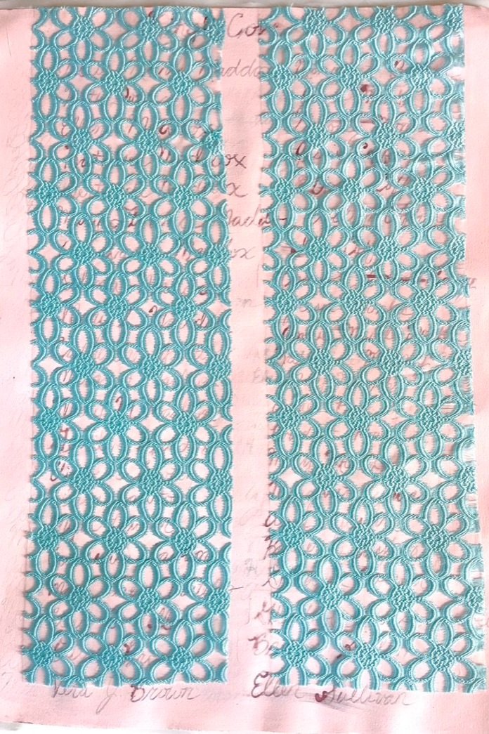 Curtains and Names, 2021. Ink, latex paint, polyester lace fabric. 32" x 24" $725 - $181 = $544