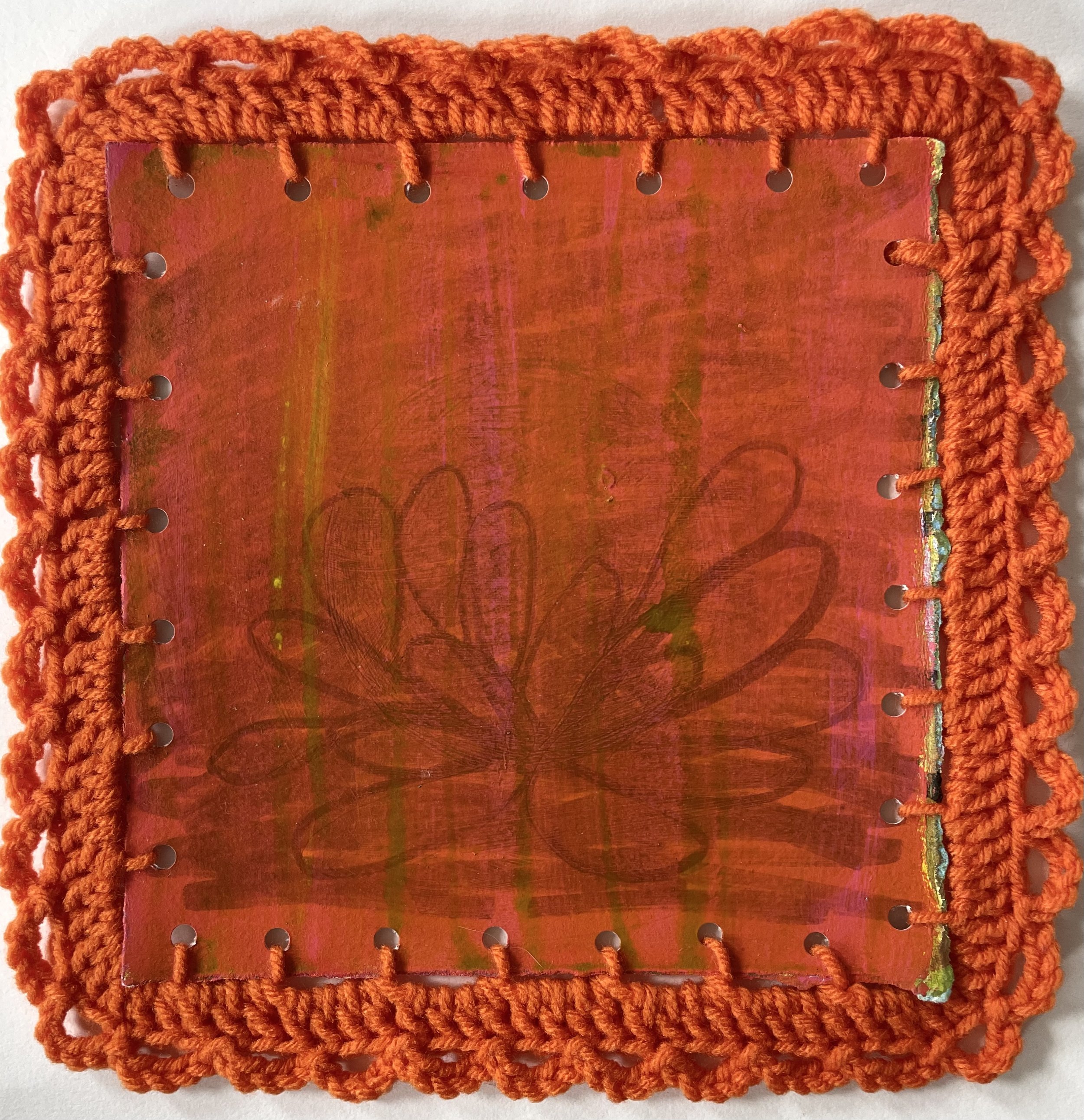 Fire Lotus, 2024. Acrylic paint on Arches with crochet border. 10" x 10" $250 - $62 = $188