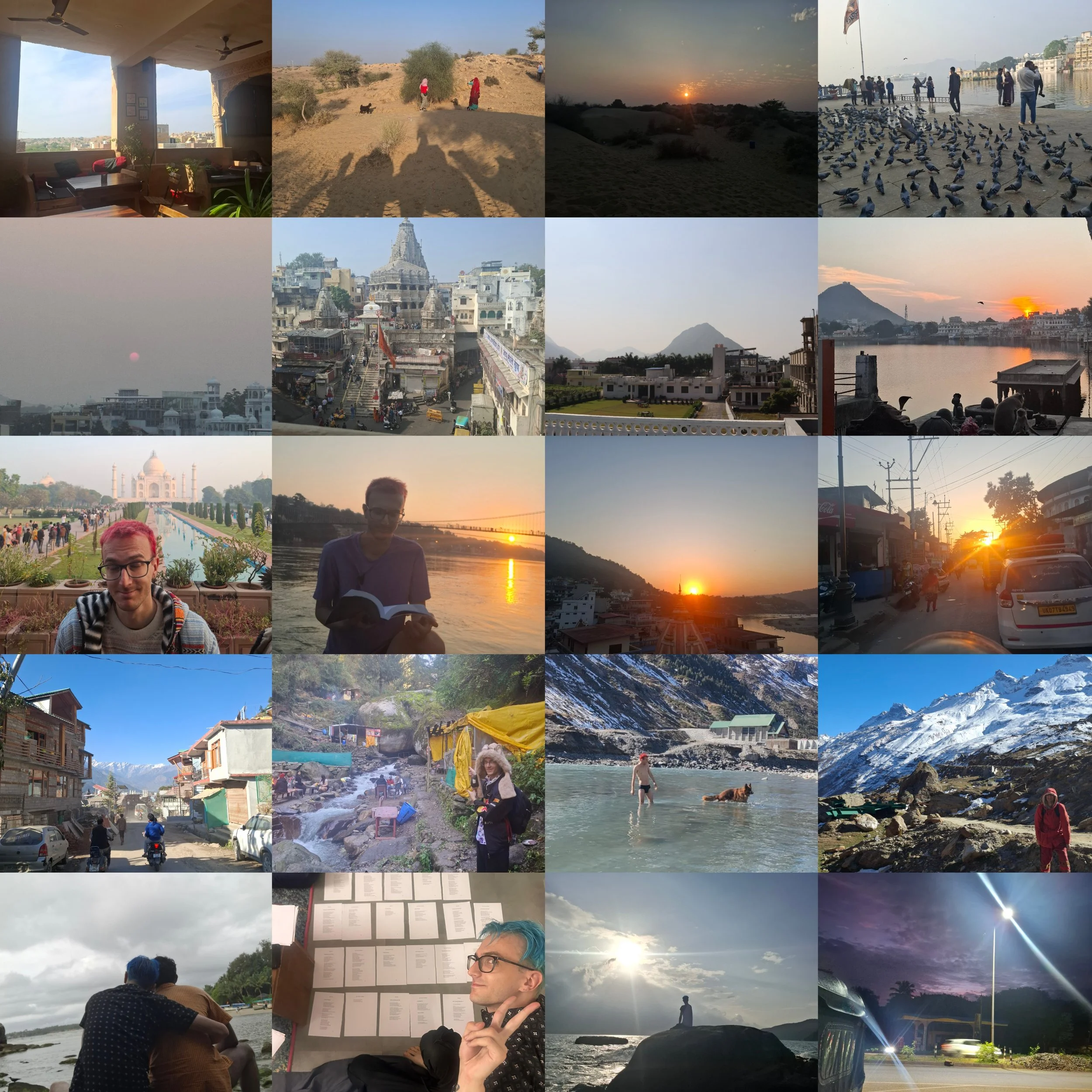 Collage of multiple photos including landscapes, cityscapes, people, and nature scenes, featuring sunrise and sunset views, a temple, a river, snow-capped mountains, and urban streets with vehicles and pedestrians.