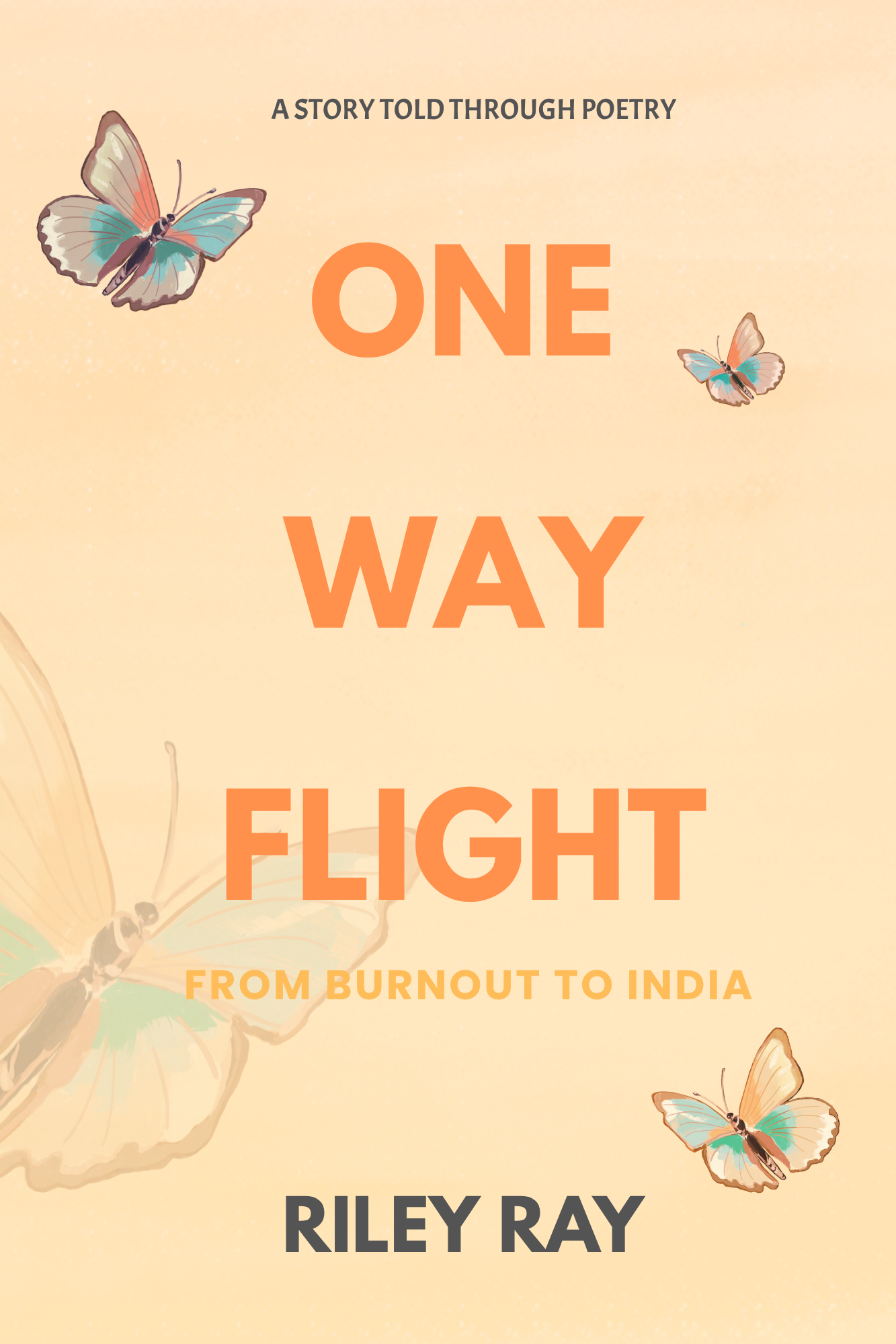 Book cover titled "One Way Flight" by Riley Ray, featuring a light orange background with illustrations of butterflies.