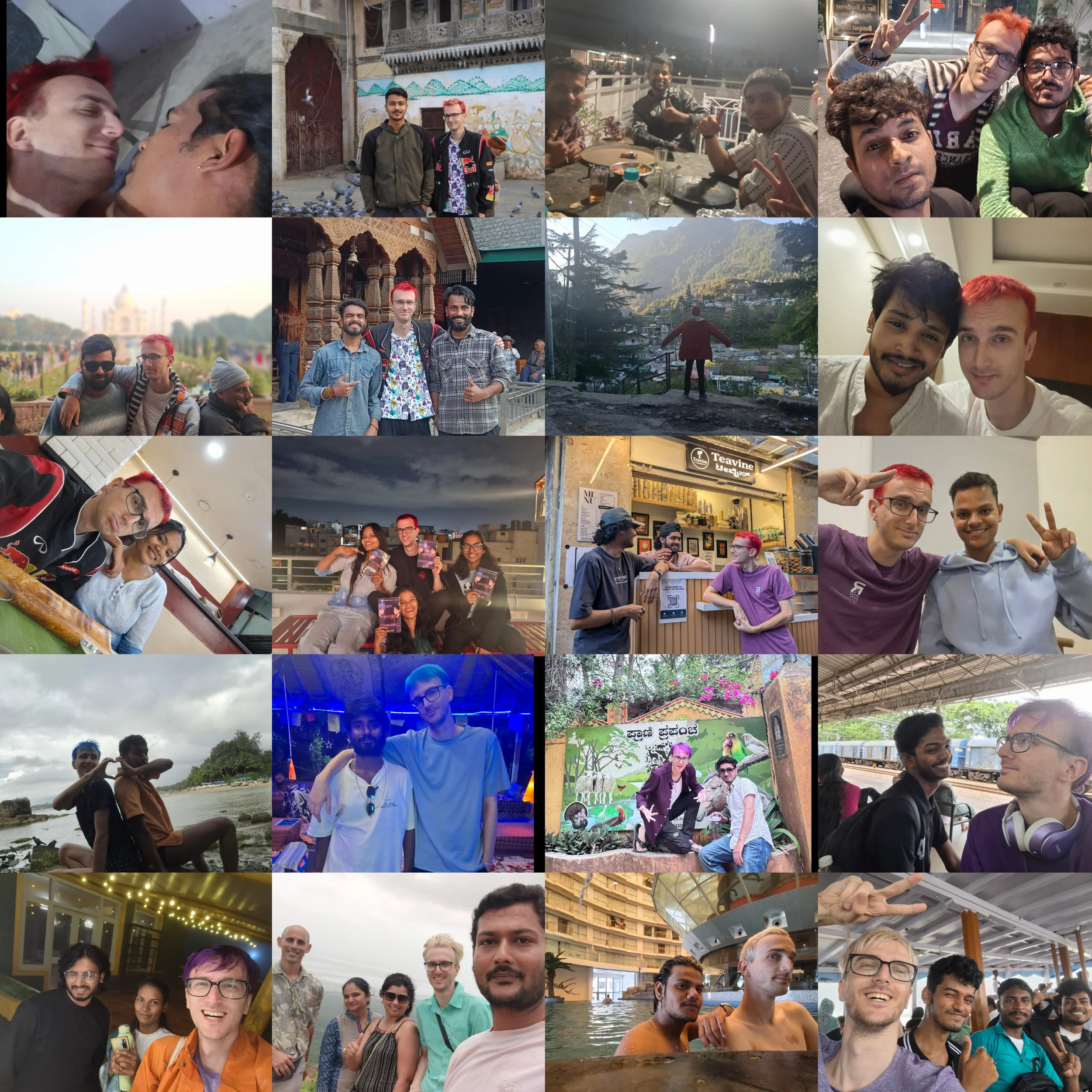 A collage of various photos of people enjoying different activities and locations. Some images show friends smiling and posing, while others depict scenes at a restaurant, outdoor sightseeing, and indoor social gatherings.