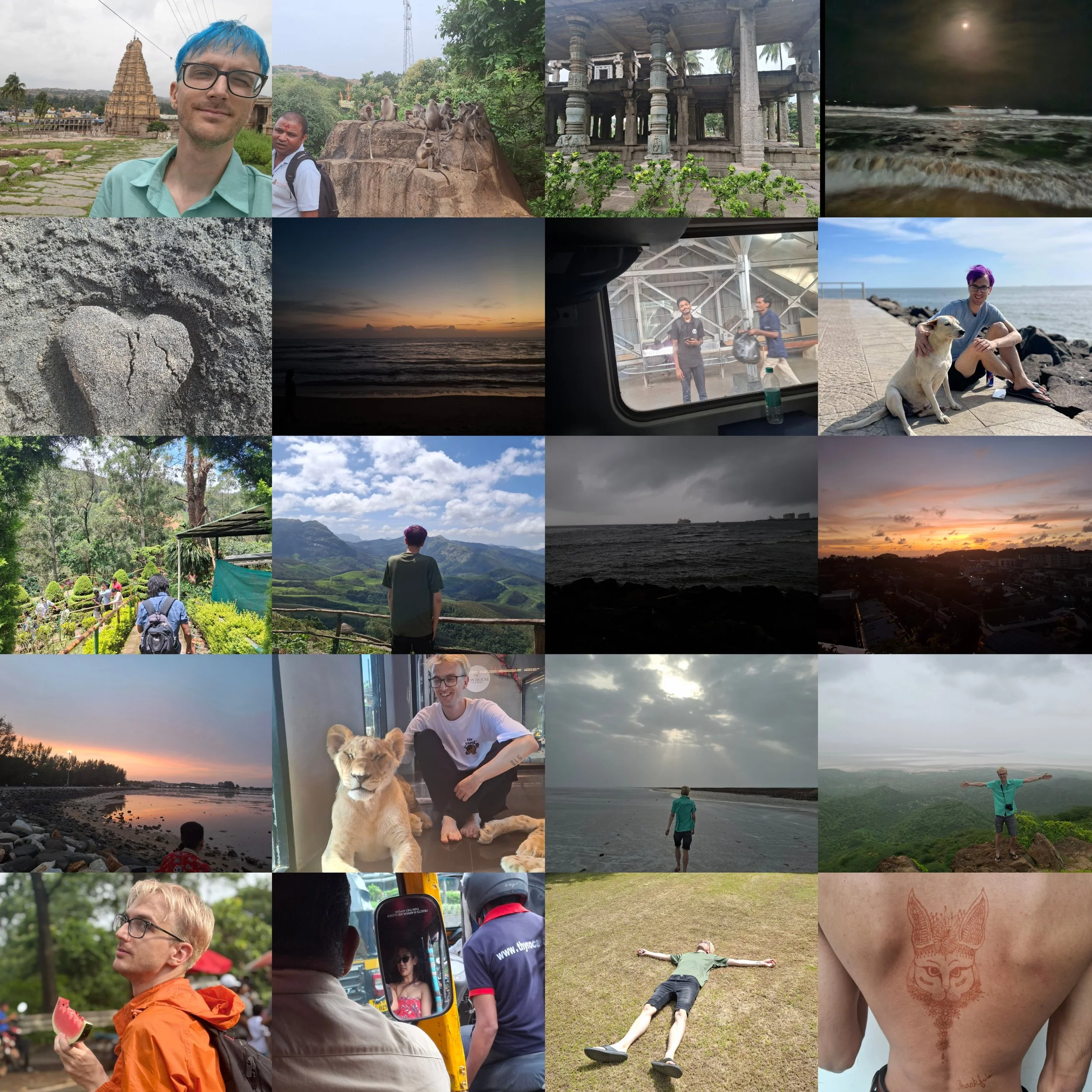 A collage of various outdoor scenes and people, including a person with blue hair at a temple, monkeys on a large rock, a stone temple structure, a person with purple hair by the beach, sunset and sunrise views, a person with a lion tattoo, and peopl