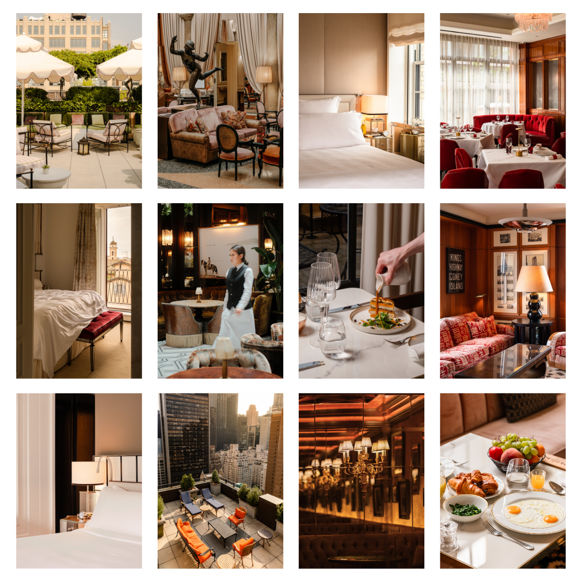 A collage of luxury hotel interior and exterior scenes, including outdoor patio, elegant lounge areas, cozy bedrooms, dining rooms, city views, rooftop terrace, and breakfast table with eggs, croissants, and fresh fruit.