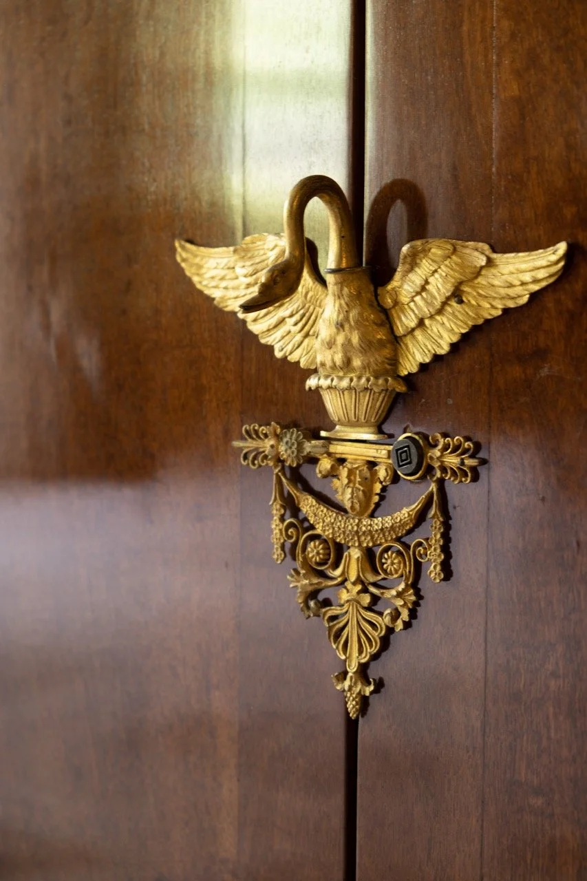 Decorative gold-colored wall ornament featuring a swan with outstretched wings mounted on a wooden wall.