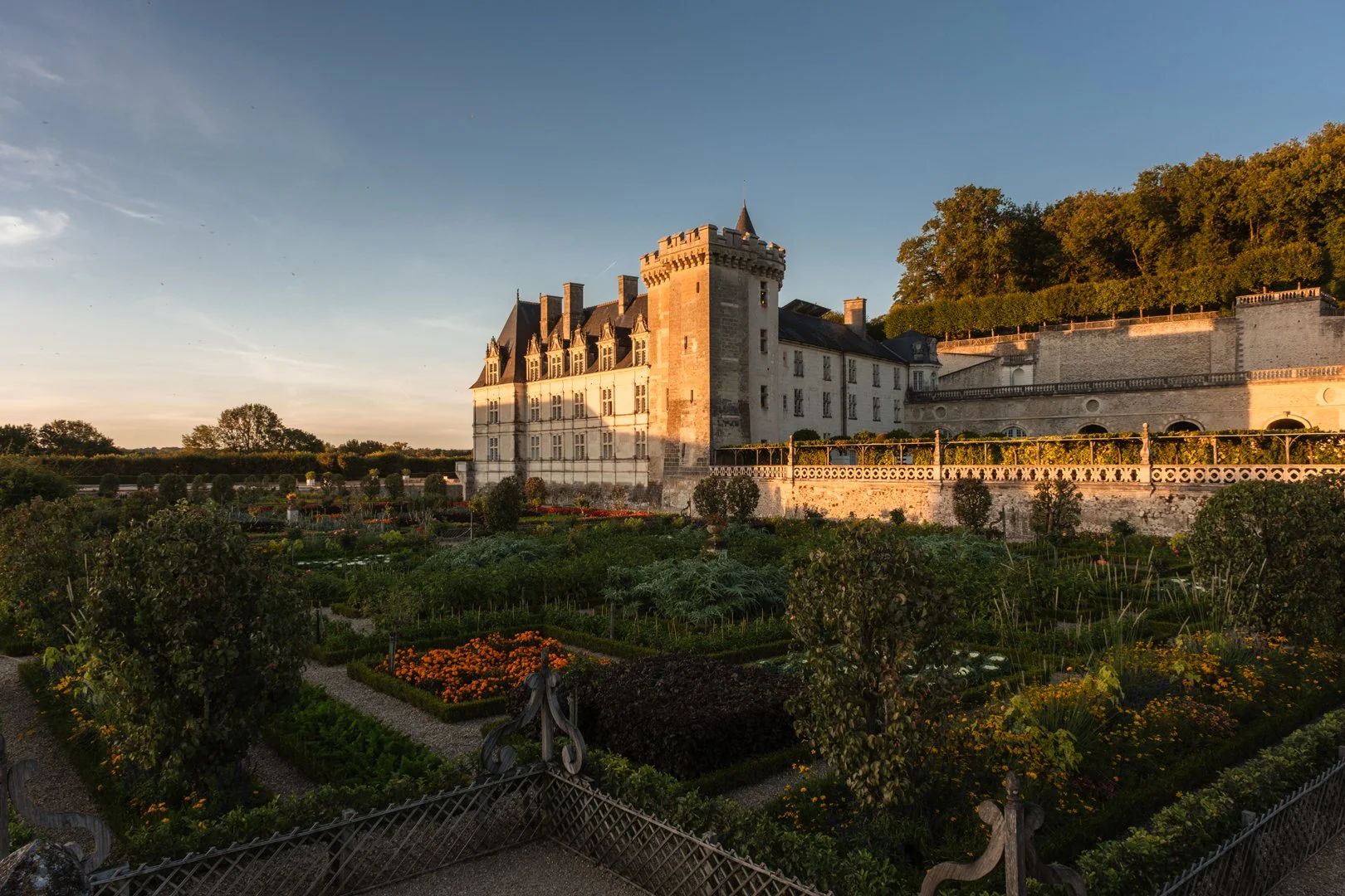 Sunset-lit view of a historic castle with a garden in the foreground and trees on a hill in the background.