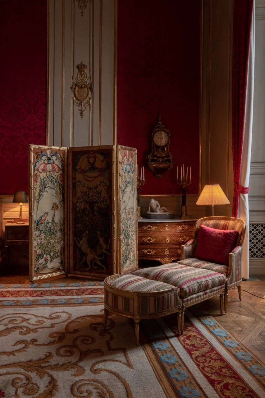 Luxurious vintage sitting room with a striped armchair and ottoman, patterned rug, ornate red walls, gold accents, antique clock, and decorative folding screen with floral and animal embroidery.
