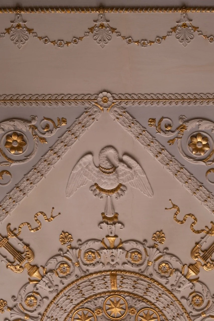 Decorative ceiling with gold accents featuring a sculpted swan or bird with cityscape details underneath and intricate patterns, floral motifs, and ornate designs.