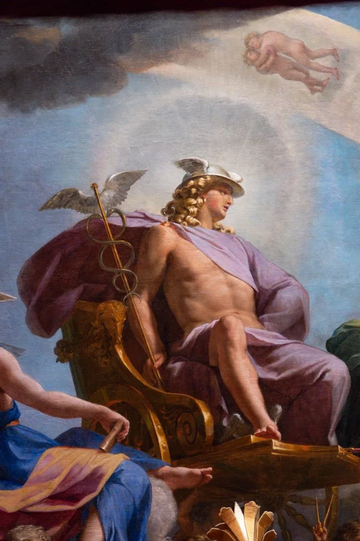 Baroque-style painting of a seated man with long, curly blonde hair, partially draped in purple fabric, holding a staff with wings and caduceus symbols, with cherubs in the sky above.