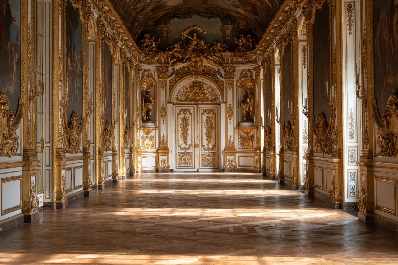 A grand, ornate interior of a palatial room with gold embellishments, large windows allowing natural light, and statues along the walls.