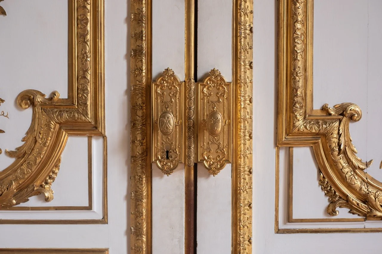 ornate door with gold decorative moldings and details.