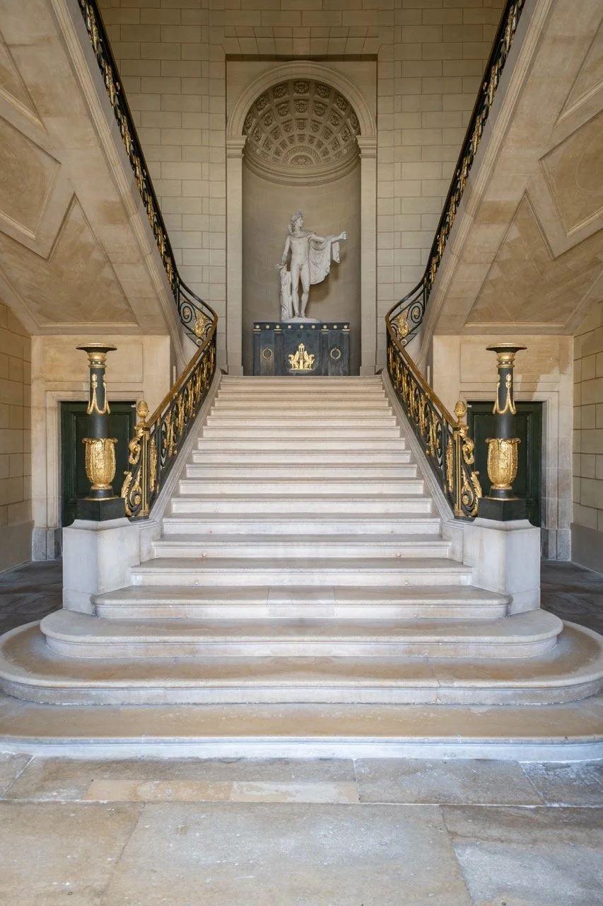 A grand marble staircase with ornate black and gold railings leading up to a statue of a classical figure, situated within a historic building with stone walls and decorative architectural elements.