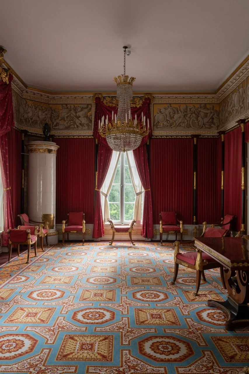 A luxurious room with red curtains, gold accents, a chandelier, a window with white curtains, and classic furniture.