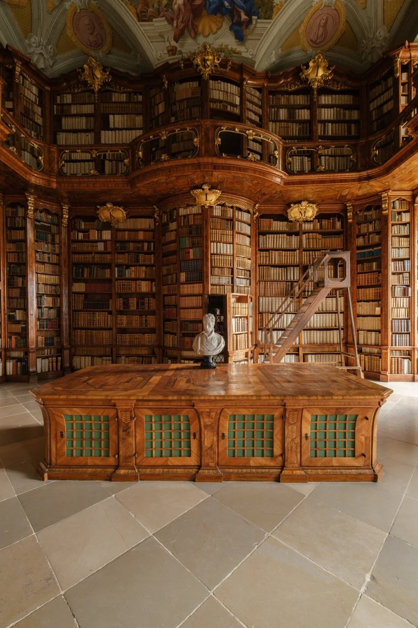 A grand, historic library with tall, curved wooden bookshelves filled with books, a wooden reading table in the foreground, a marble bust sculpture, and a decorative ceiling with painted artwork.