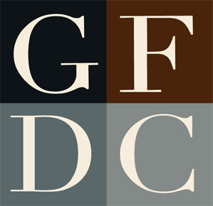 Four squares arranged in a 2x2 grid, each with a large letter: G, F, D, C, on backgrounds of black, brown, gray, and beige respectively.