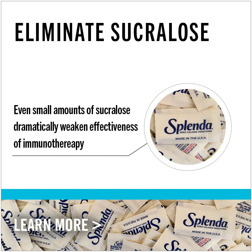 A promotional image for cancer vaccines featuring a syringe filled with yellow liquid, a close-up of cancer cells under a microscope, and text promoting over 100 cancer vaccine trials to improve survival.