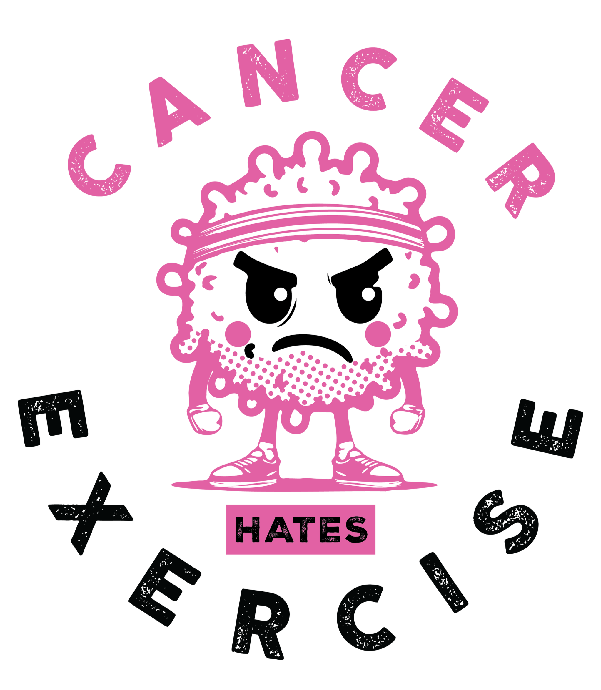 Cartoon illustration of a character resembling a virus with an angry face, wearing a crown and sneakers, with the word 'HATES' below. The background includes the text 'CANCER'.