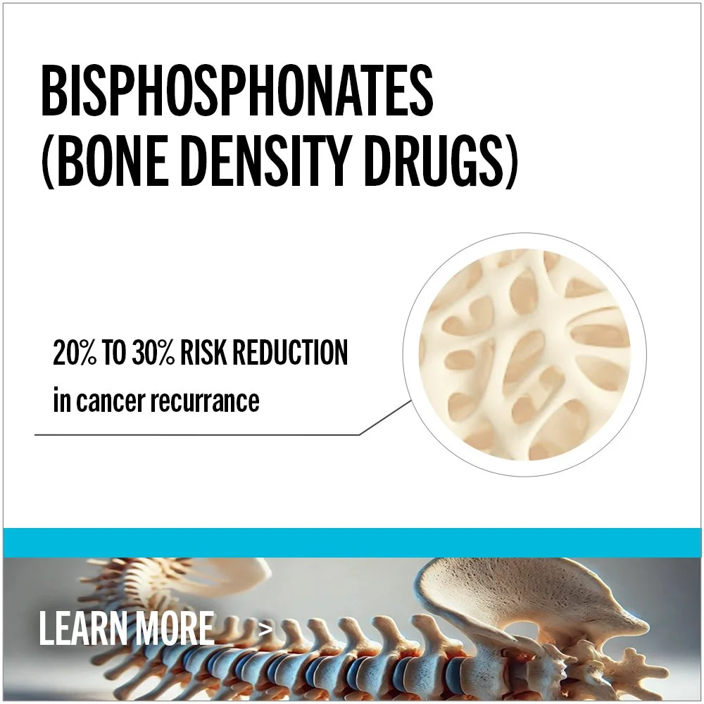 Infographic about bisphosphonates, bone density drugs, highlighting a 20-30% risk reduction in cancer recurrence, with images of bone structures and a spine.