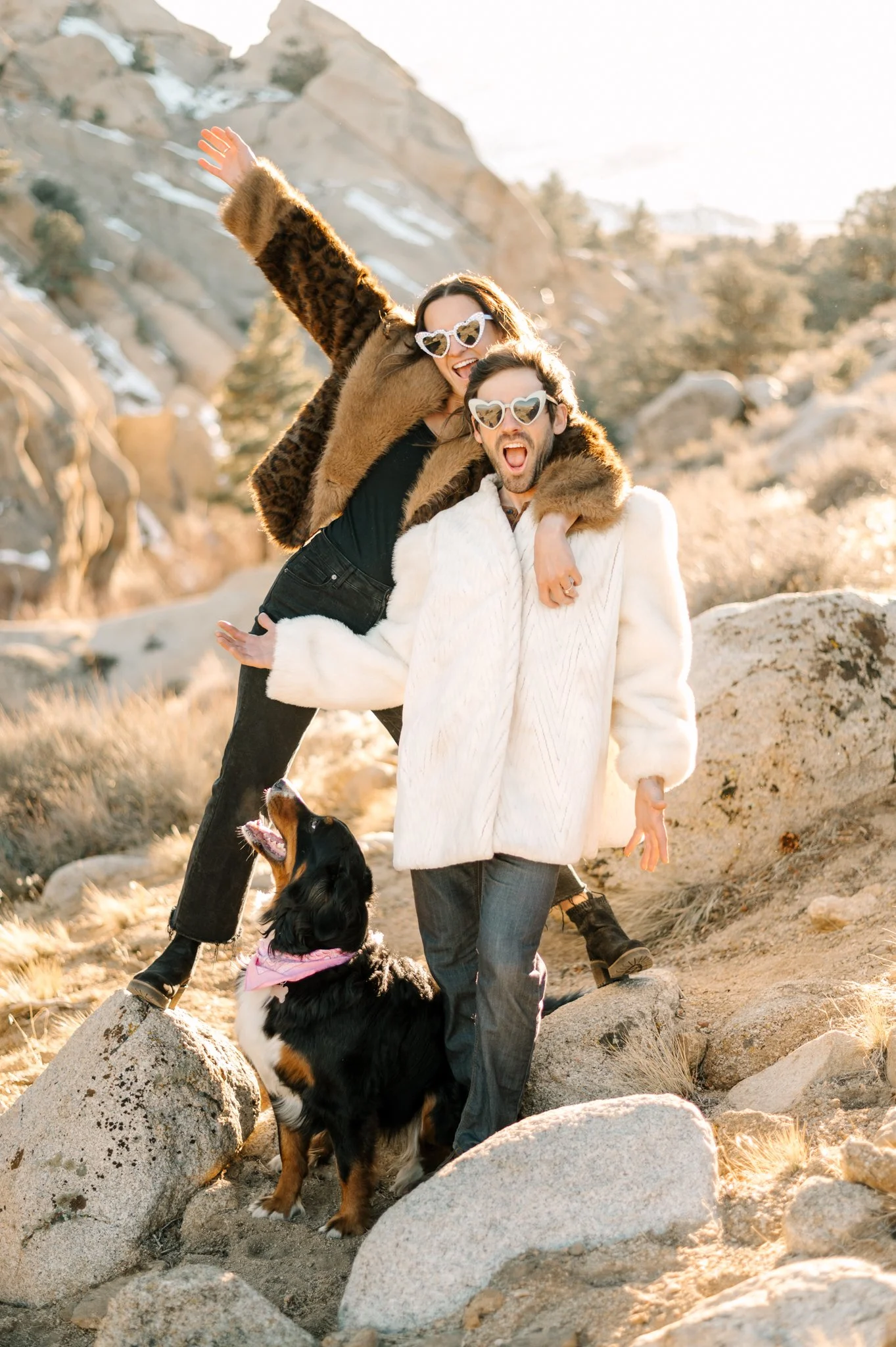 a disco themed mammoth mountain engagement with a cute couple in fur coats photographed by kelsey kay