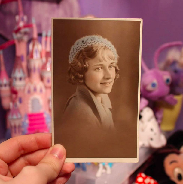 Sepia photo of a woman, coloured in, 1939