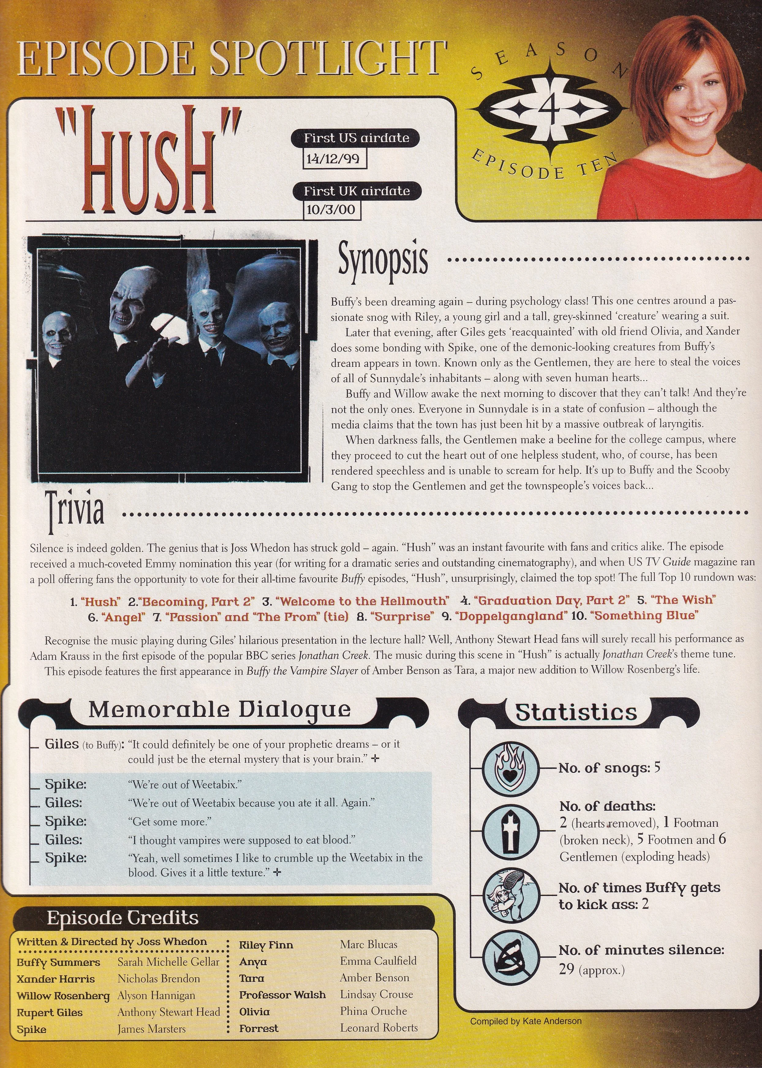 Episode spotlight for Season 4 Episode 10 episode 'Hush', Buffy magazine, 2000s